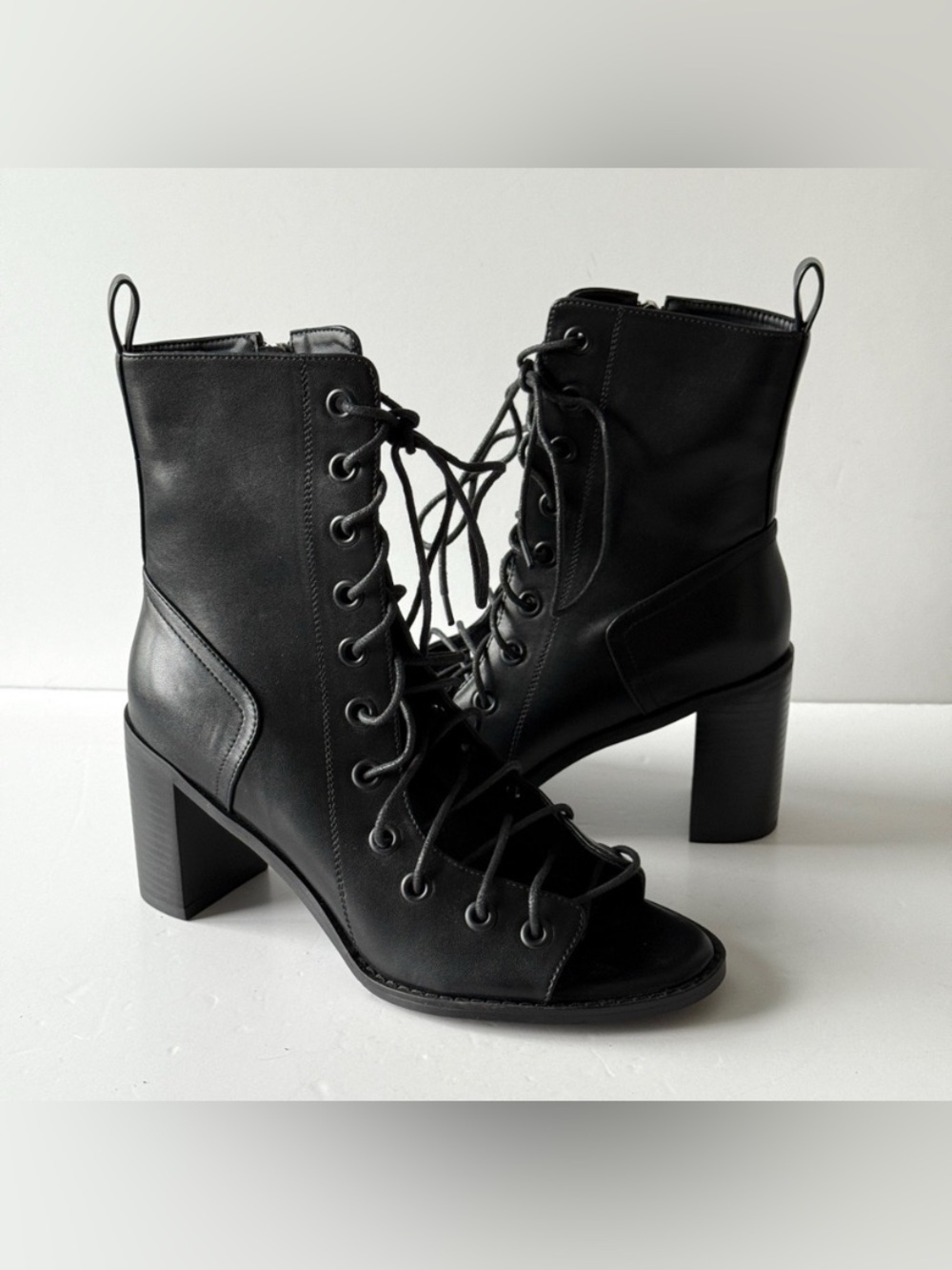 Women's Black Lace-Up Open-Toe Heeled Boots